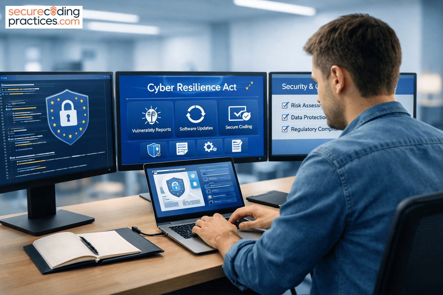 Developer studying cyber resilience act overview, developers need across multiple monitors showing security requirements and coding.