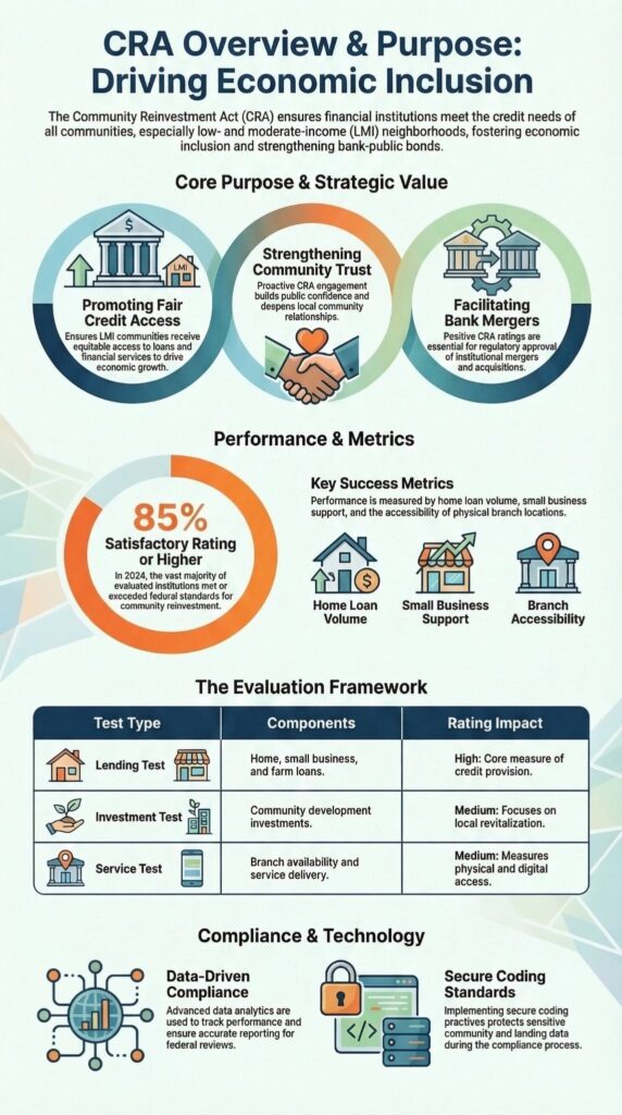 Infographic explaining CRA Overview & Purpose with core goals, performance metrics, evaluation framework, and compliance technology