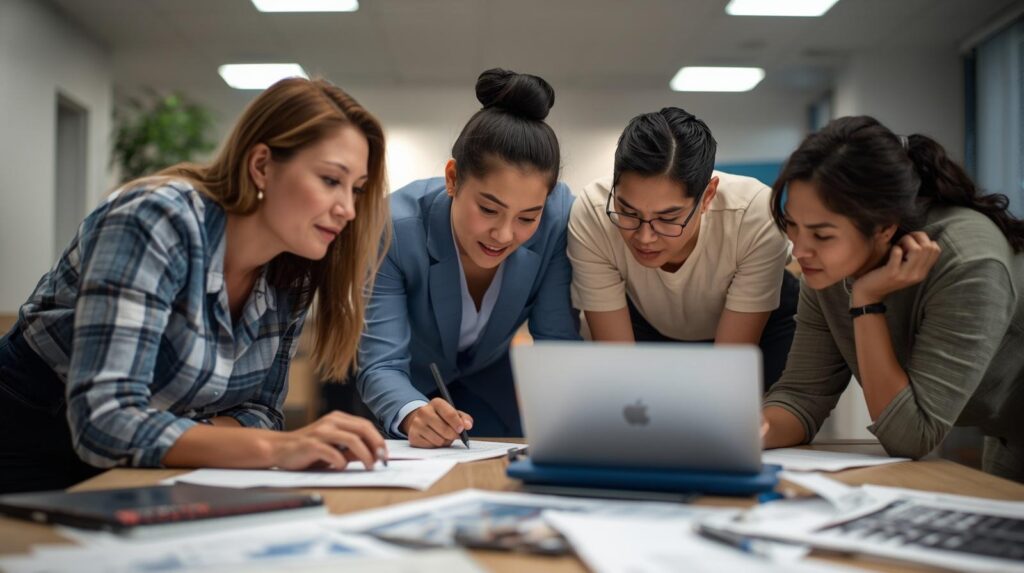 Four diverse women leaning over a laptop and documents to review EU Cyber Resilience Act for Secure Coding Practices requirements