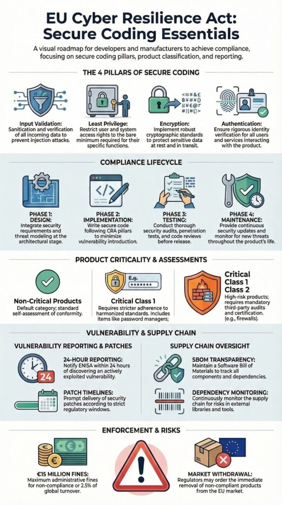 Infographic covering the EU Cyber Resilience Act for Secure Coding Practices with pillars, lifecycle phases, and enforcement risks