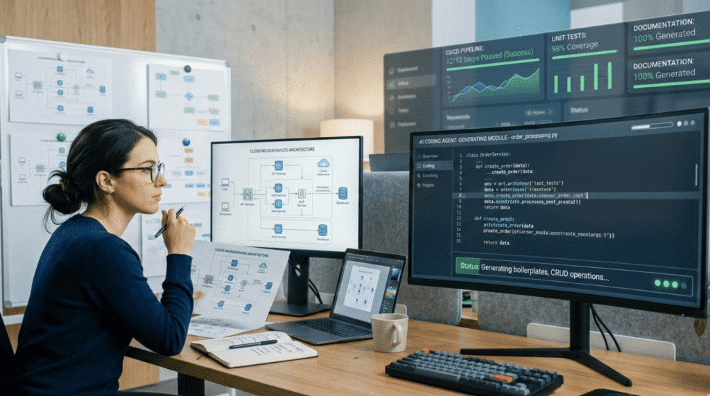 An engineer overseeing the ethical implications of AI code generation through automated testing and CI/CD pipelines.