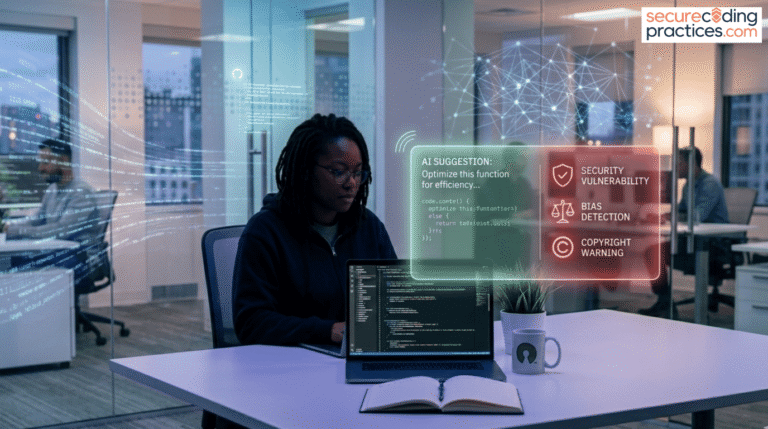 A developer reviewing the ethical implications of AI code generation with security and bias warnings on screen.