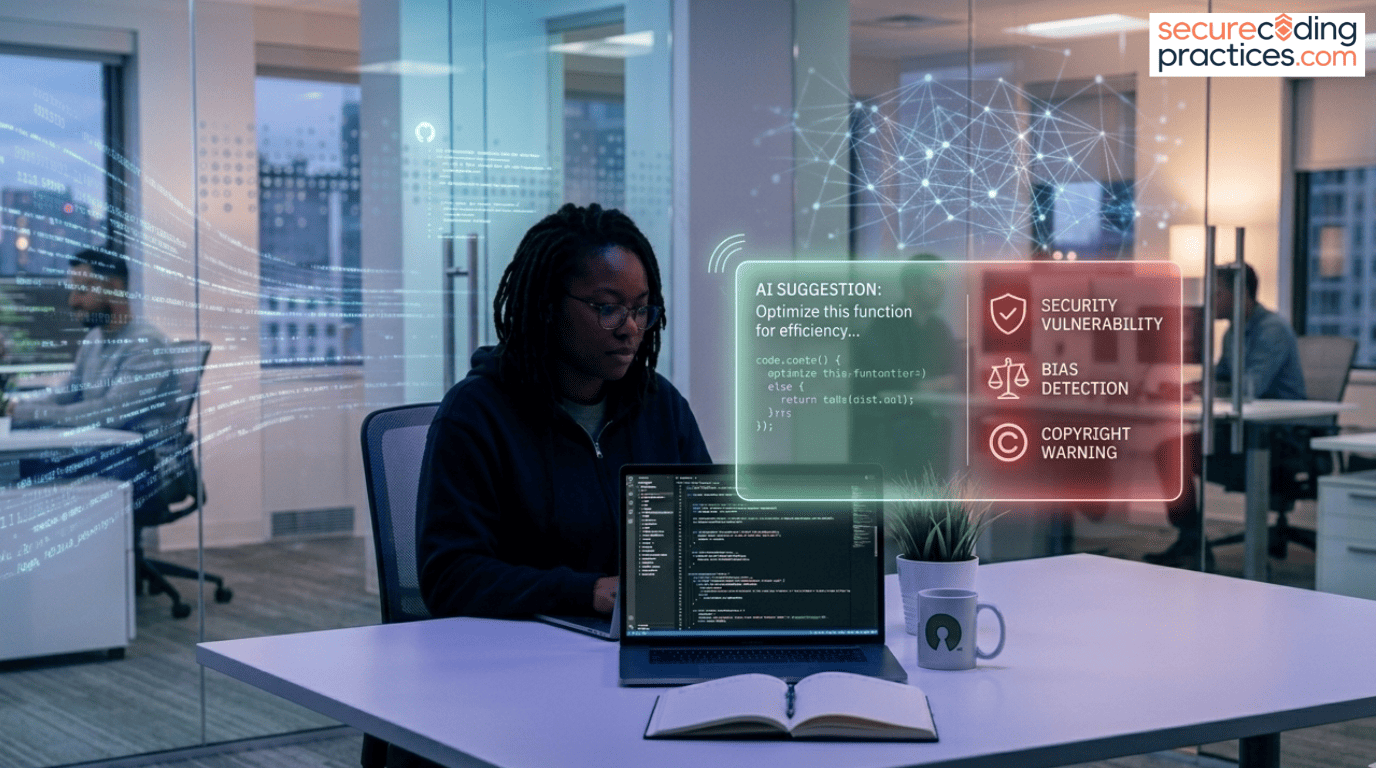 A developer reviewing the ethical implications of AI code generation with security and bias warnings on screen.