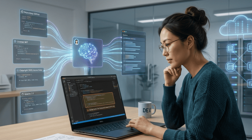 A developer analyzing the ethical implications of AI code generation including copyright and license conflicts.