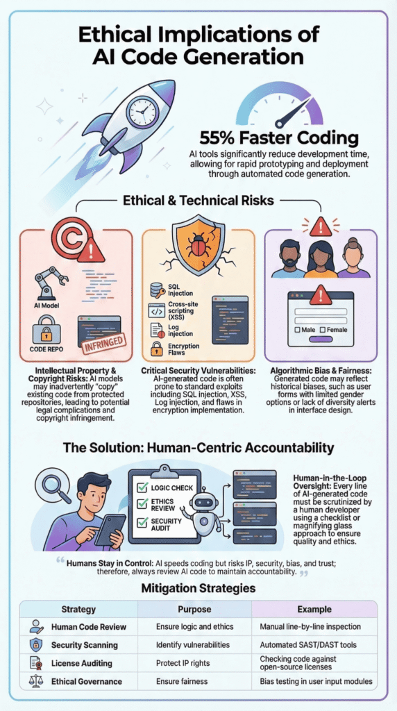 Infographic summarizing the ethical implications of AI code generation including risks, bias, and mitigation strategies.