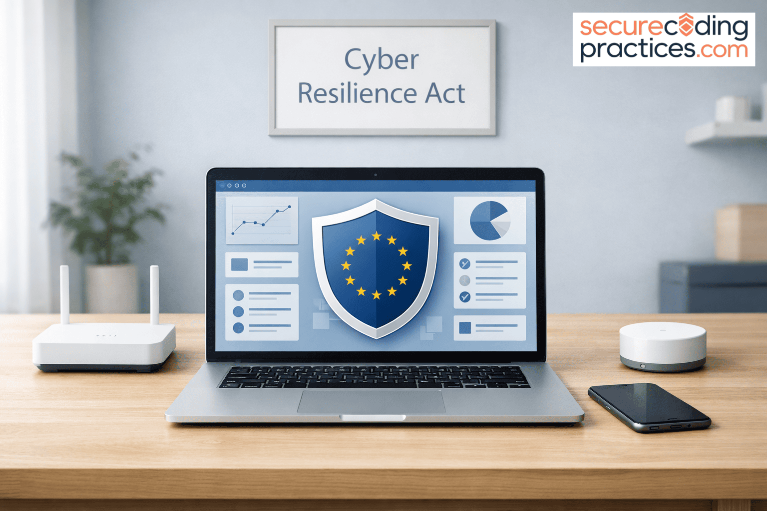 Laptop displaying the "Cyber Resilience Act" with a security shield icon and data analytics, showcasing the EU's efforts to strengthen cybersecurity.