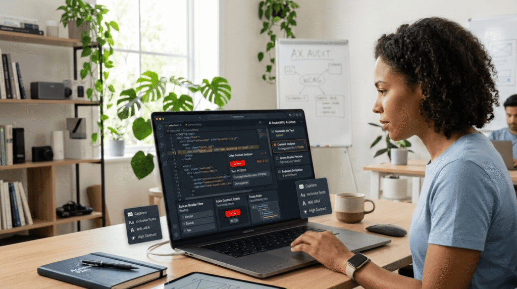 How will this make development more accessible: the developer runs an AI accessibility audit with WCAG tools.
