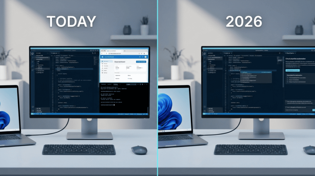 Predicting the evolution of developer environments, comparing today's IDE setup to AI-assisted cloud workflows in 2026.