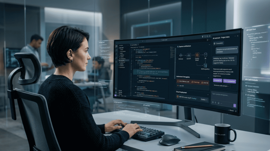 Predicting the evolution of developer environments as a developer uses an AI-integrated coding assistant on a widescreen monitor.