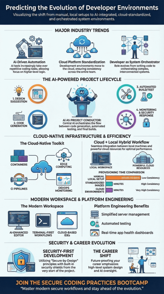 Predicting the evolution of developer environments infographic showing AI automation, cloud infrastructure, and security trends.
