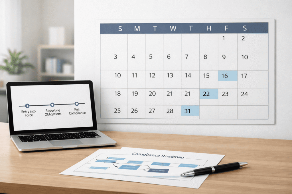Workspace with a laptop displaying cybersecurity compliance data and a calendar showcasing key dates for the EU Cyber Resilience Act implementation.