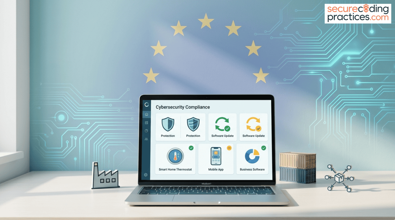 Who must comply cyber resilience act shown via a cybersecurity compliance dashboard on a laptop with an EU flag background.