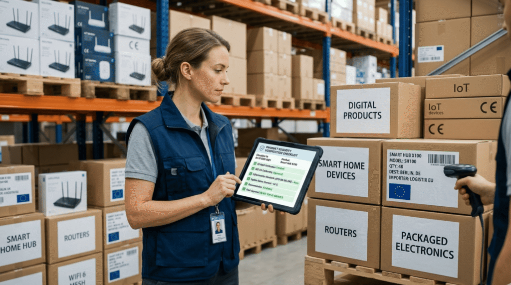 Who must comply cyber resilience act includes importers verifying IoT devices and digital products in an EU warehouse.