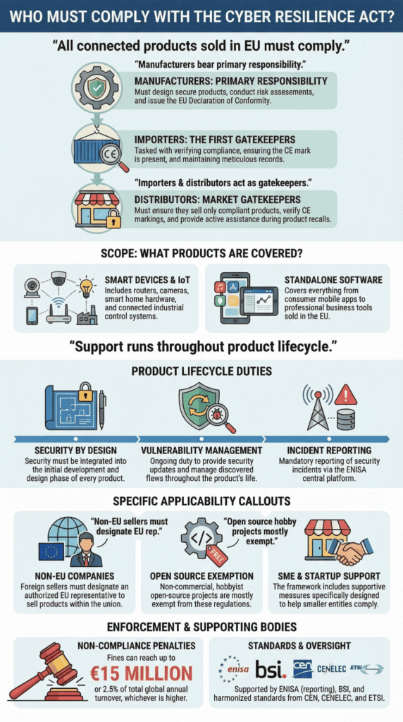 Who must comply cyber resilience act infographic covering manufacturers, importers, distributors, and enforcement penalties.