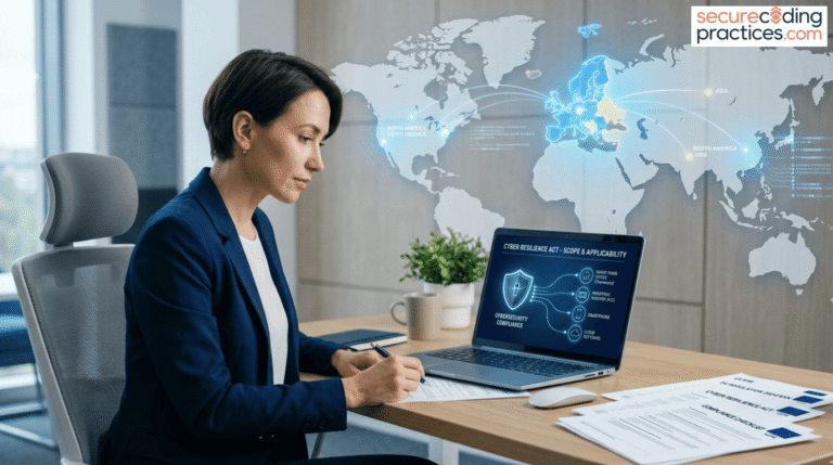 Professional reviewing EU Cyber Resilience Act Scope & Applicability compliance documents at the desk