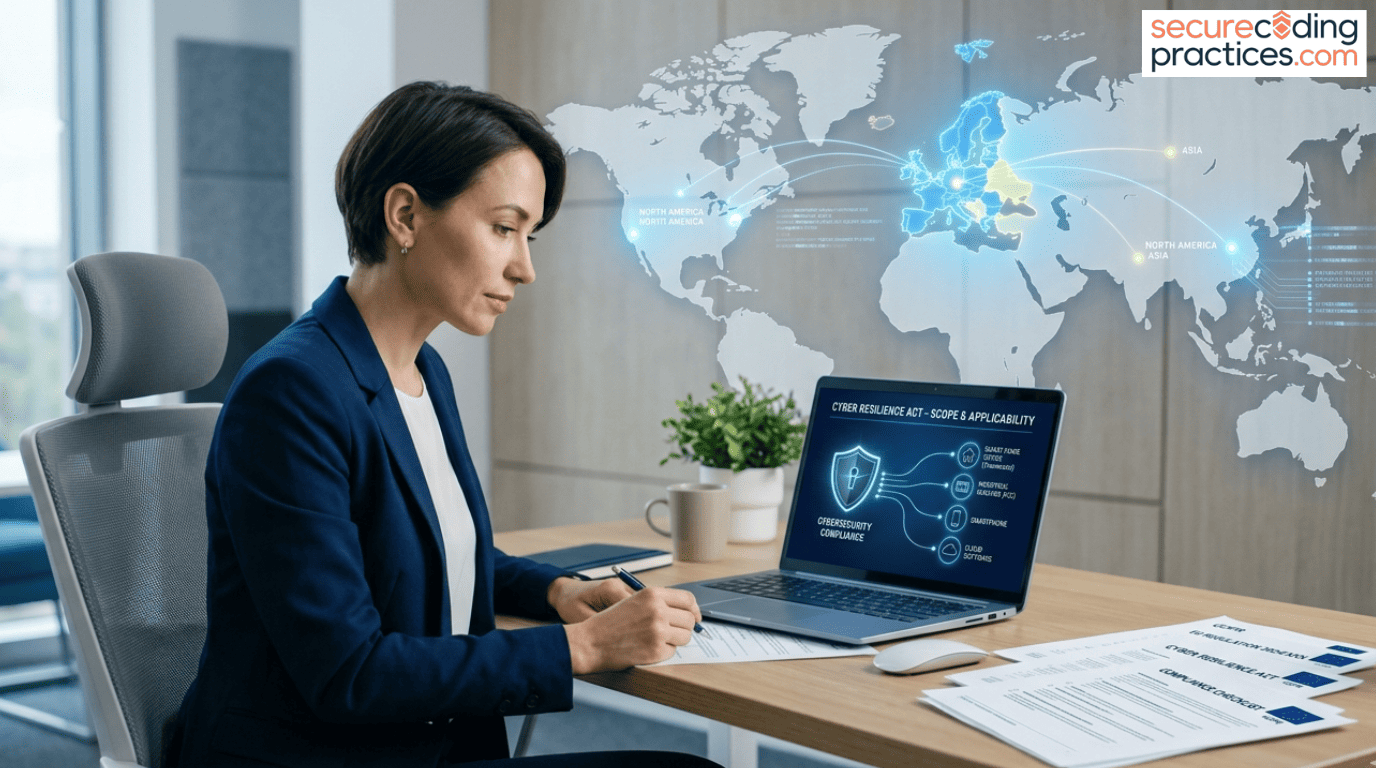 Professional reviewing EU Cyber Resilience Act Scope & Applicability compliance documents at the desk