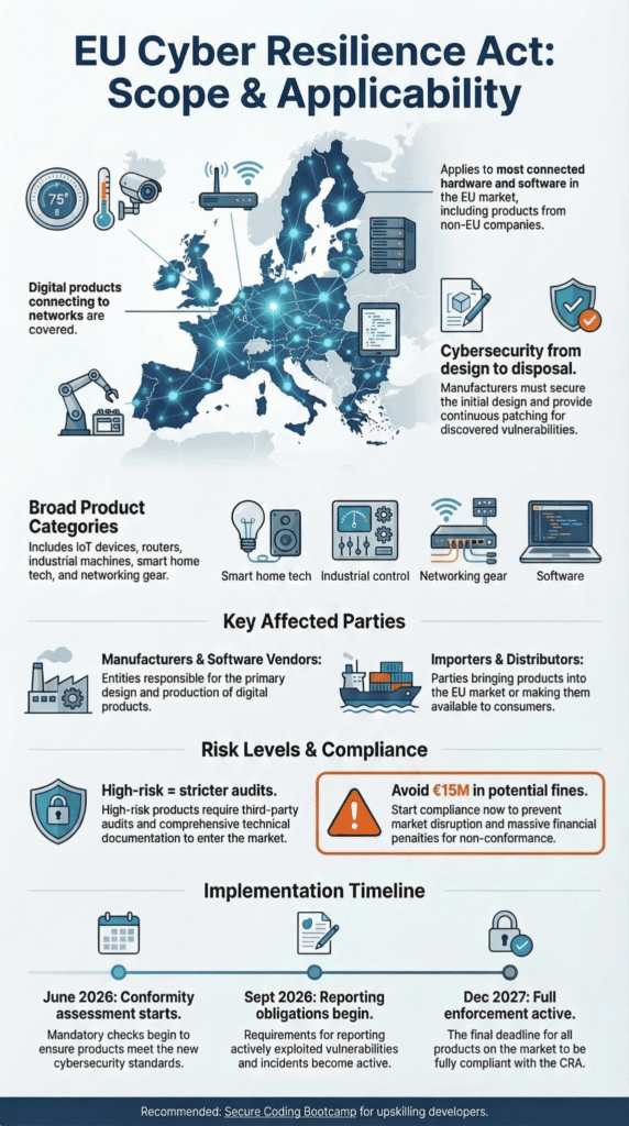 Infographic explaining EU Cyber Resilience Act Scope & Applicability, timelines, and compliance risks