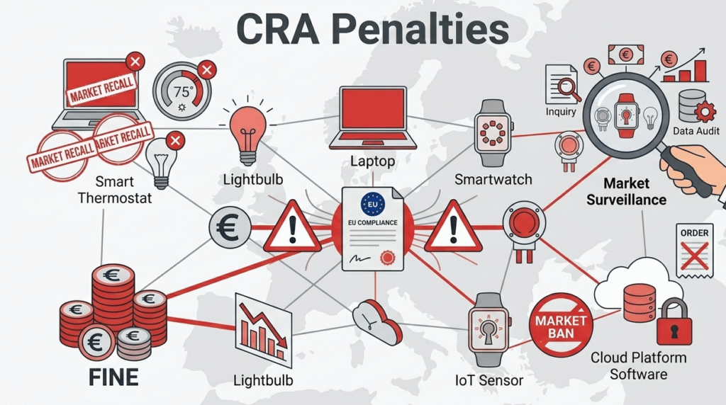 Visual representation of penalties related to the scope of the EU Cyber Resilience Act, highlighting non-compliance consequences.