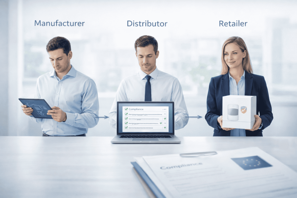 Business roles involved in the EU Cyber Resilience Act, including manufacturer, distributor, and retailer, working together to ensure compliance.