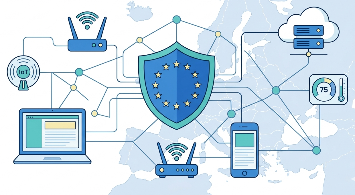 Network graphic of connected devices emphasizing when cyber resilience act applies for safeguarding digital infrastructures.