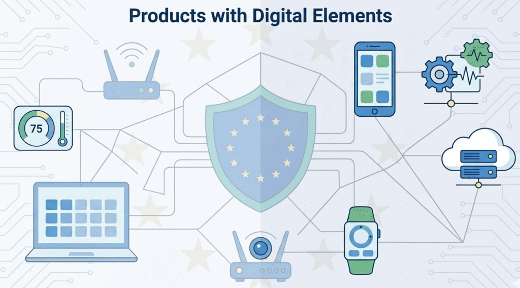 Diagram of products with digital elements, showcasing when cyber resilience act applies in ensuring security requirements.