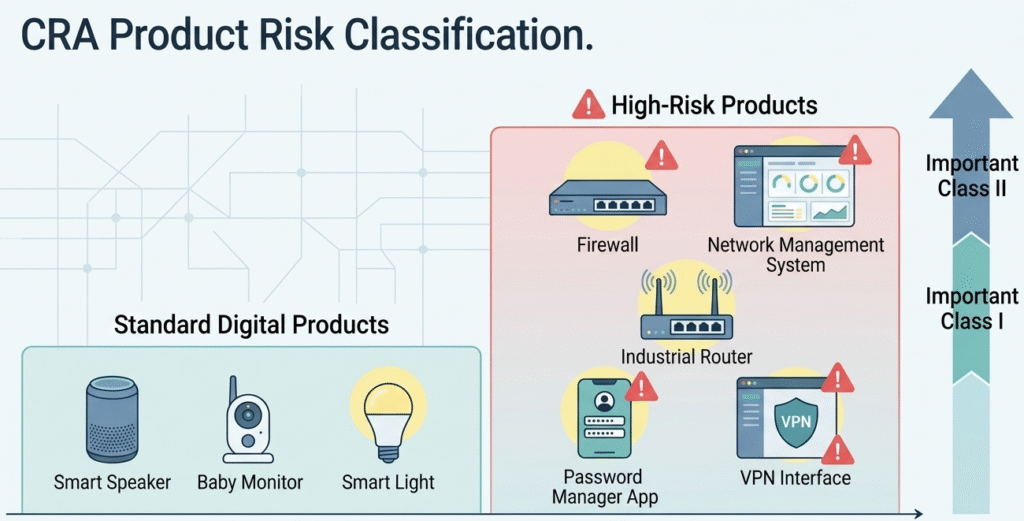Graphic depicting CRA product risk classification, highlighting categories including high-risk products and digital devices.