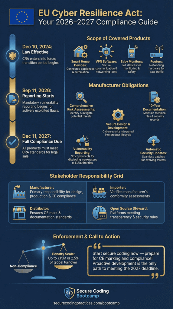 Infographic detailing the EU Cyber Resilience Act's compliance guide, including covered product scope, manufacturer obligations, and stakeholder responsibilities.