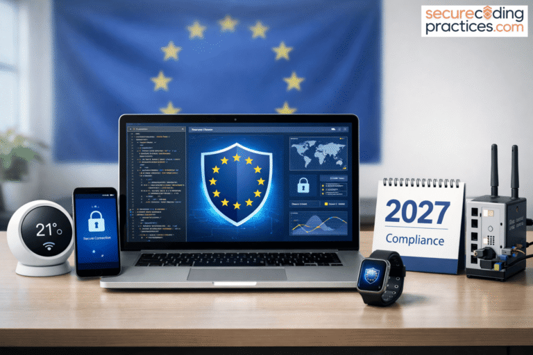 Laptop, devices, and security dashboard showcasing the EU's commitment to data protection.