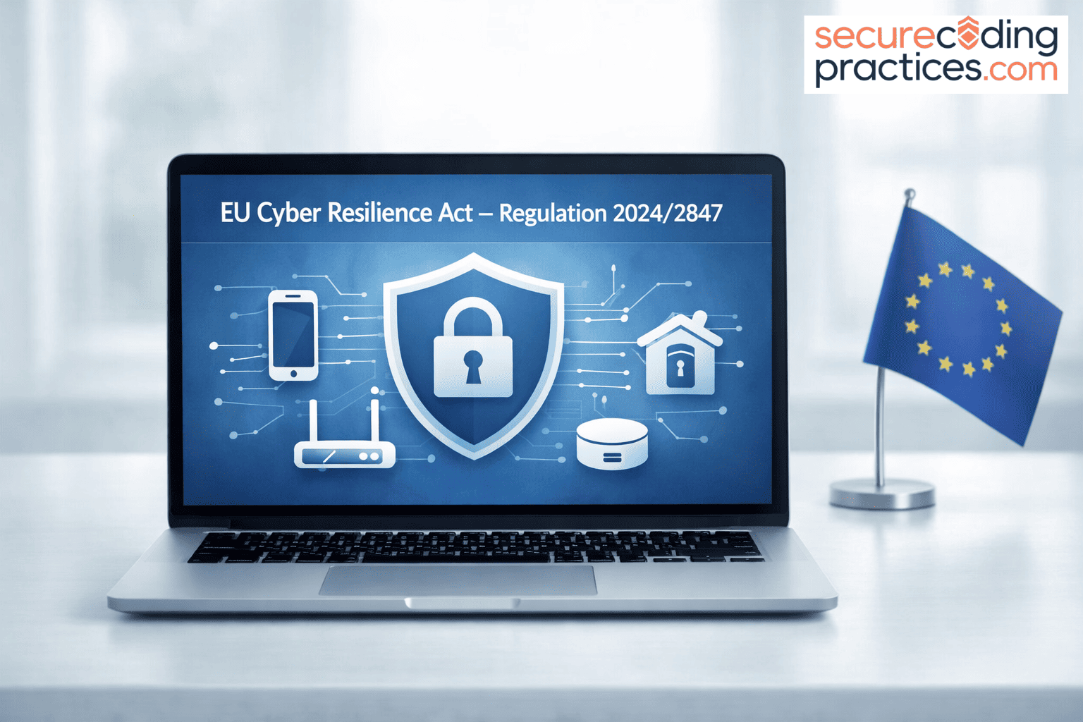 Laptop screen displaying "EU Cyber Resilience Act - Regulation 2024/2847" with cybersecurity icons, highlighting the European Union's efforts to enhance digital resilience.