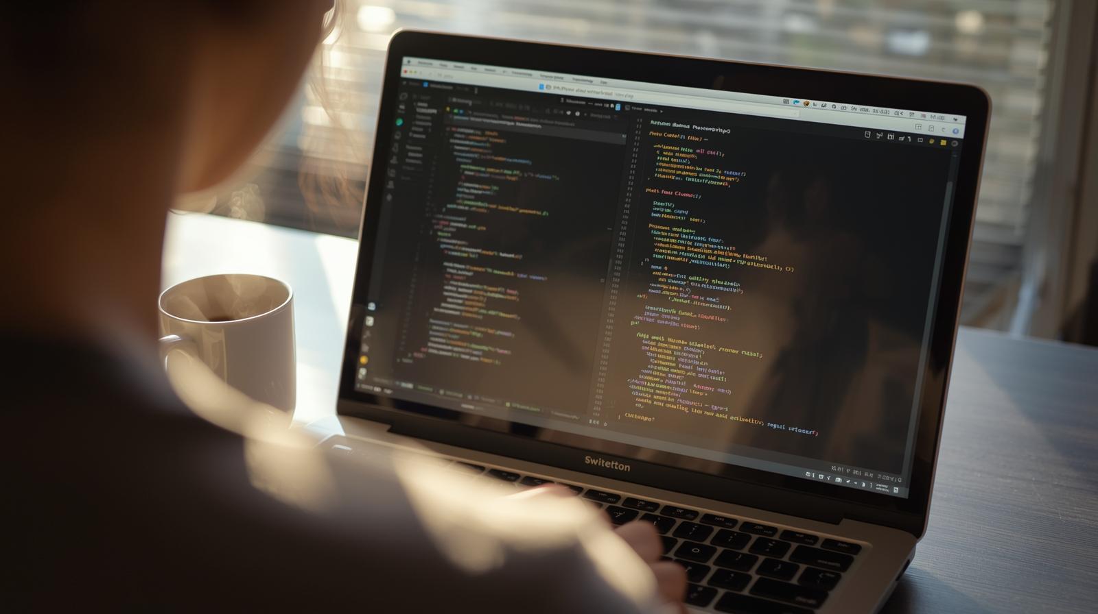 Developer reviewing colorful code on a laptop with coffee considering what is the future of conversational programming