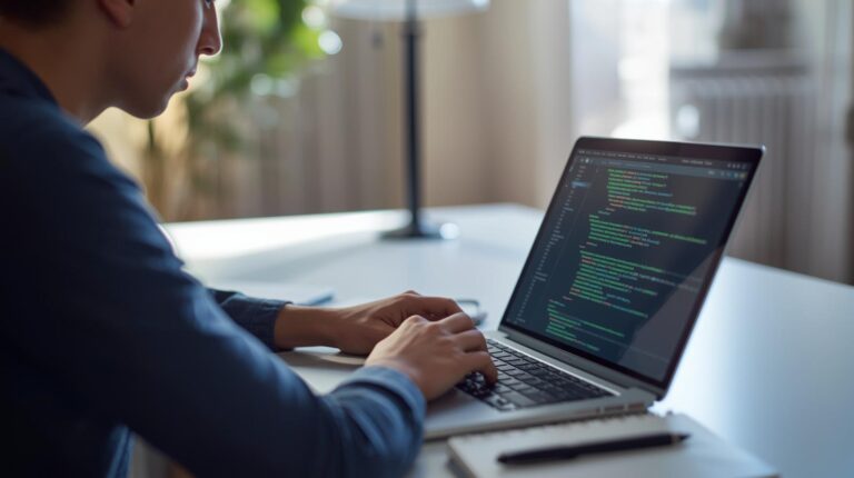 Developer typing green code on a laptop in a bright room considering will all code be AI-generated in the future