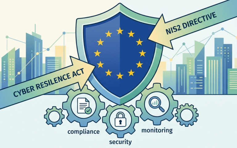 EU shield with CRA and NIS2 arrows showing Legal & Regulatory Context for software.