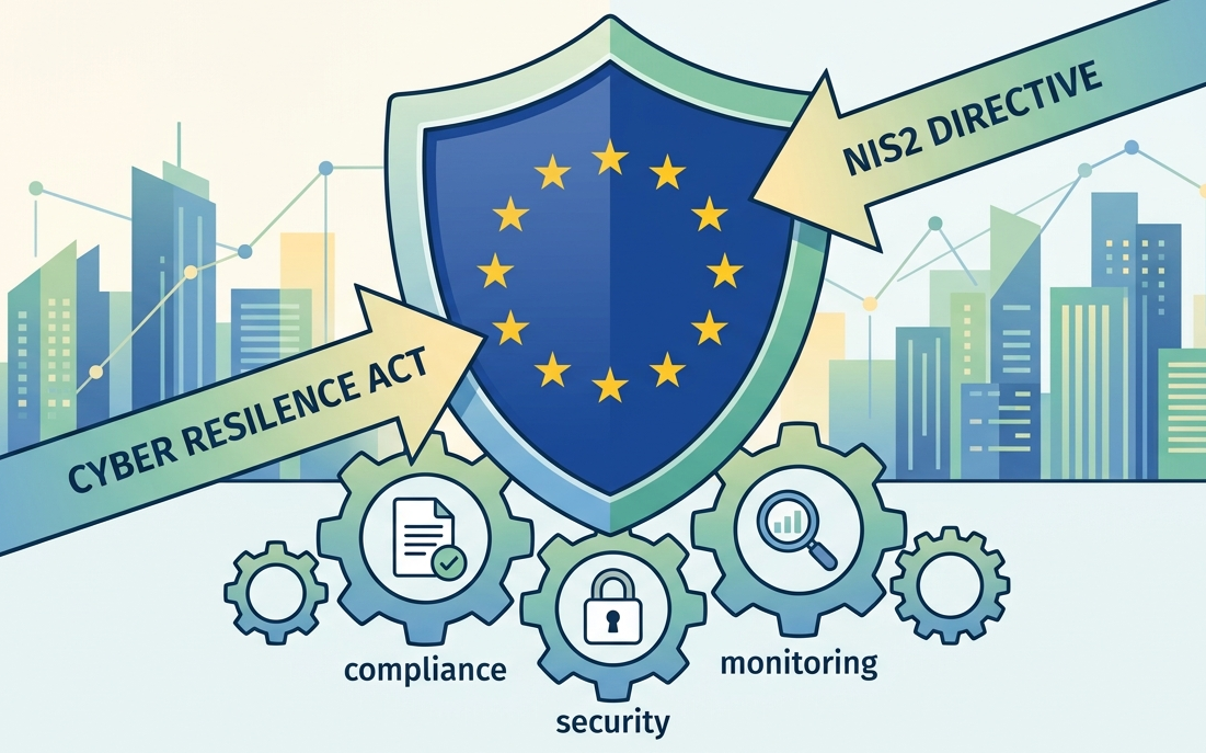 EU shield with CRA and NIS2 arrows showing Legal & Regulatory Context for software.