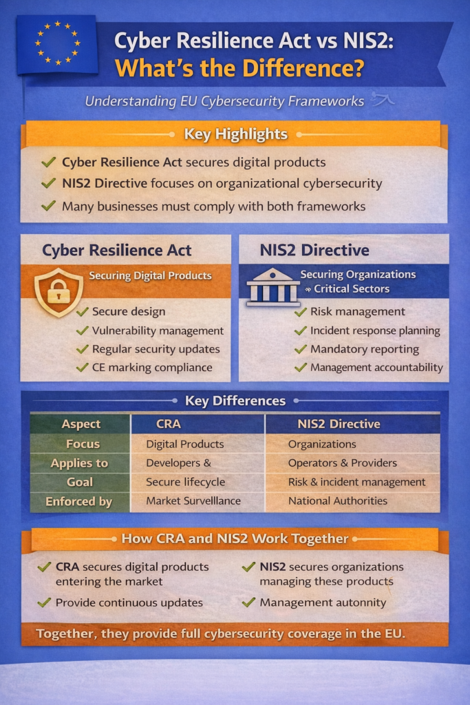Infographic comparing Cyber Resilience Act vs NIS2 compliance frameworks for digital products and businesses.