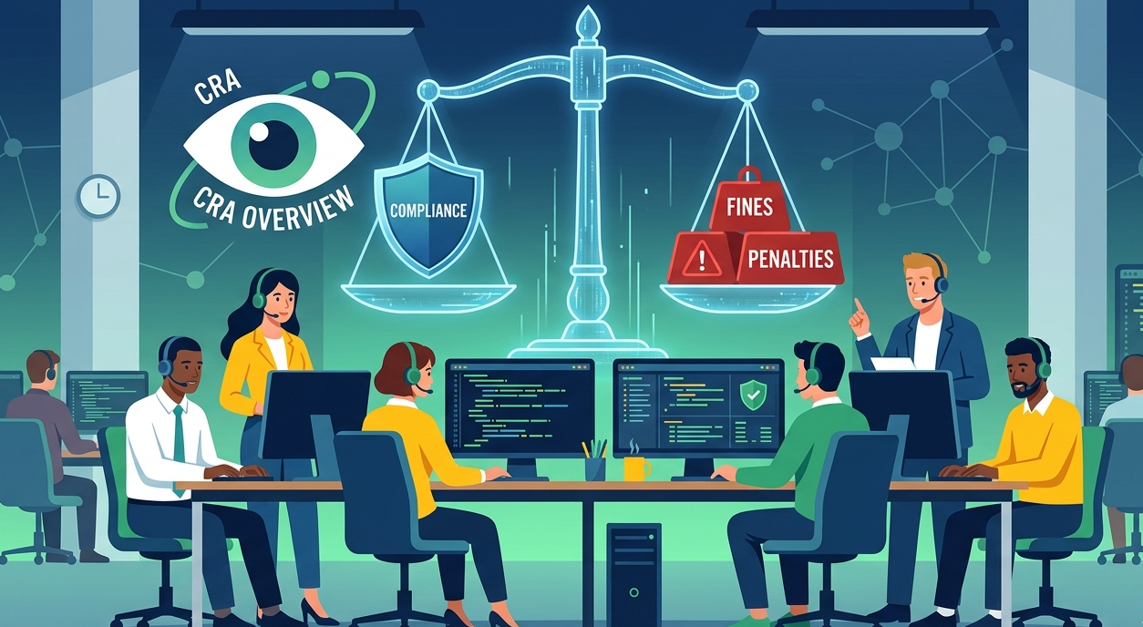 Software team working under scales of justice representing fines penalties cyber resilience act software compliance.
