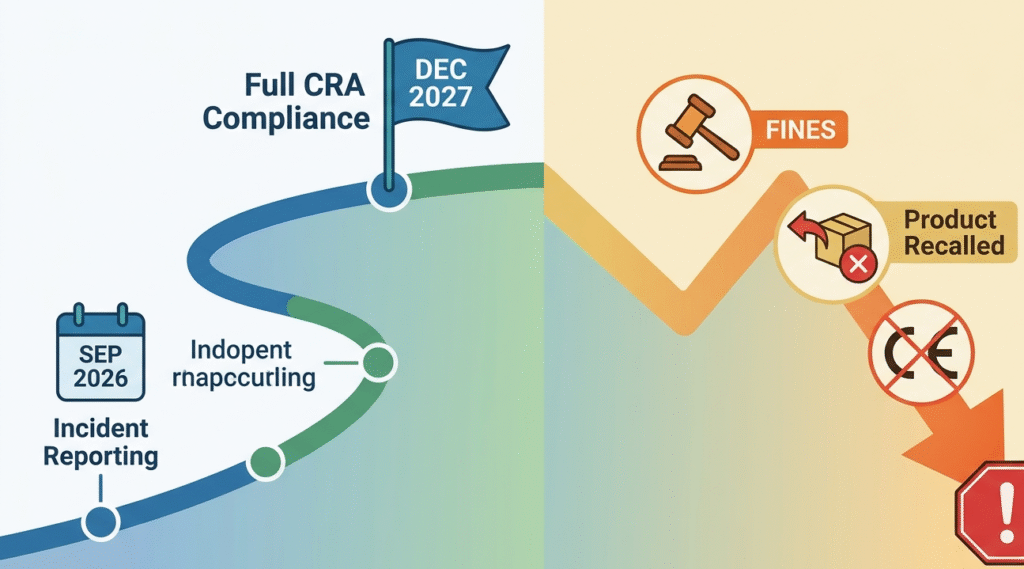Timeline illustrating compliance milestones for EU digital product security rules, highlighting reporting and fines.