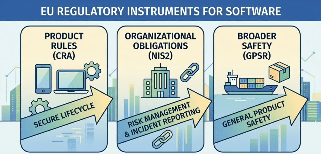 Regulatory instruments of software lifecycle phases meeting the EU Legal & Regulatory Context.