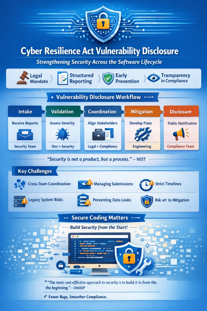 Detailed infographic guide to the Cyber Resilience Act vulnerability disclosure and secure coding workflow.