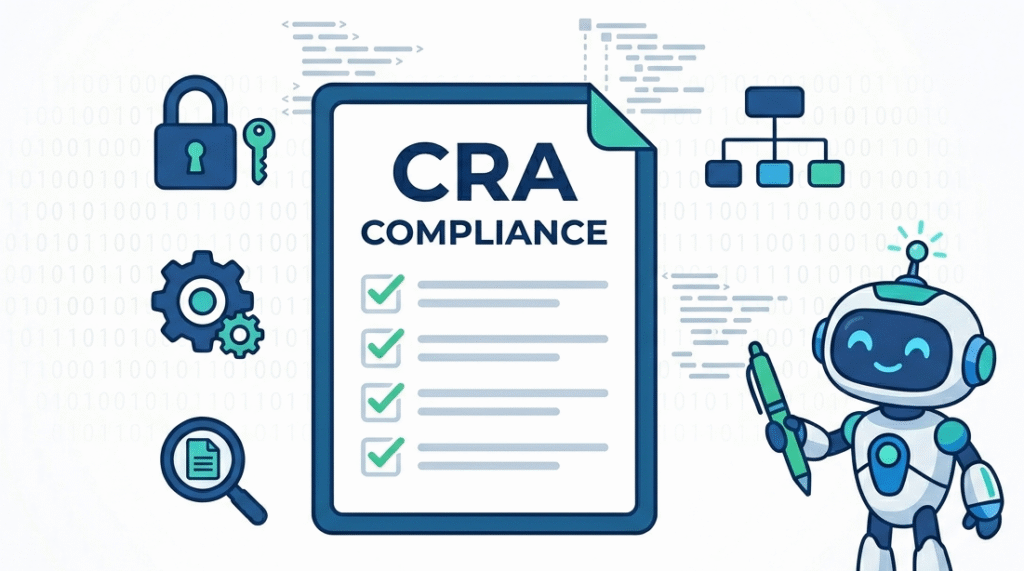 A compliance checklist showing patch management requirements cyber resilience act with professional blue icons.