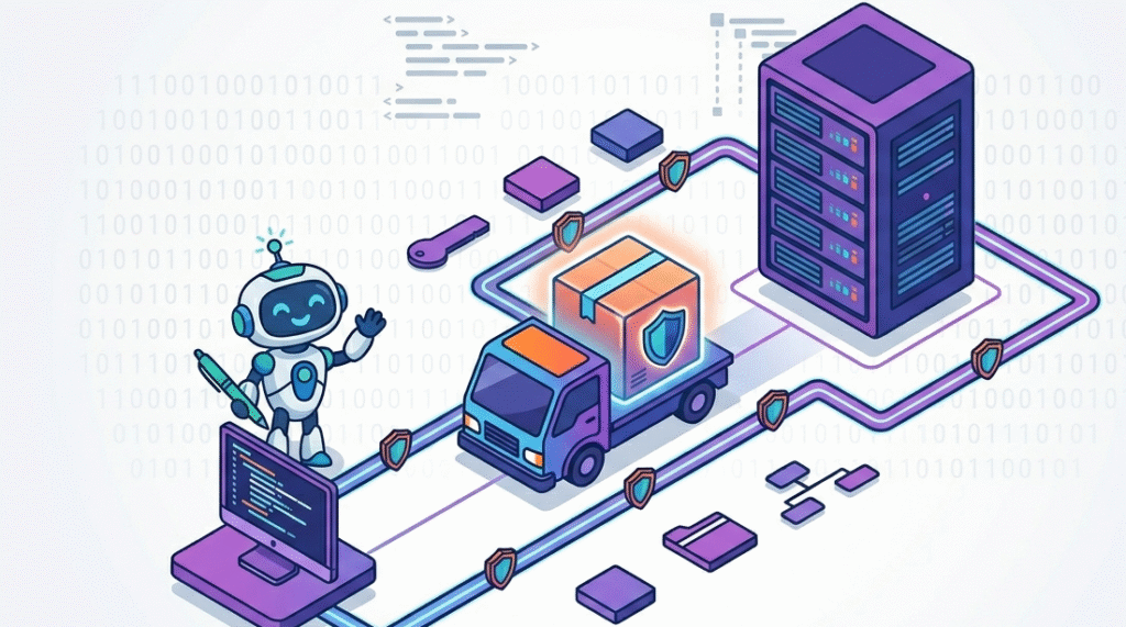 Isometric illustration of secure delivery and patch management requirements cyber resilience act on a server.