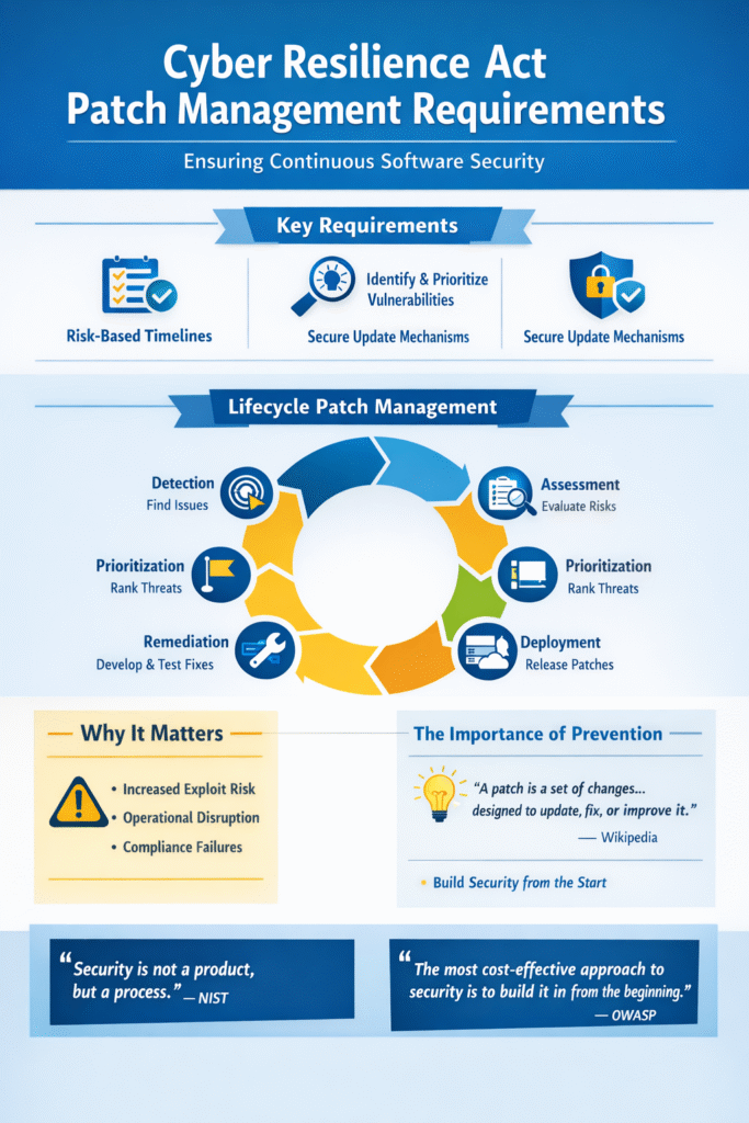  Infographic of patch management requirements cyber resilience act illustrating the lifecycle of software security.