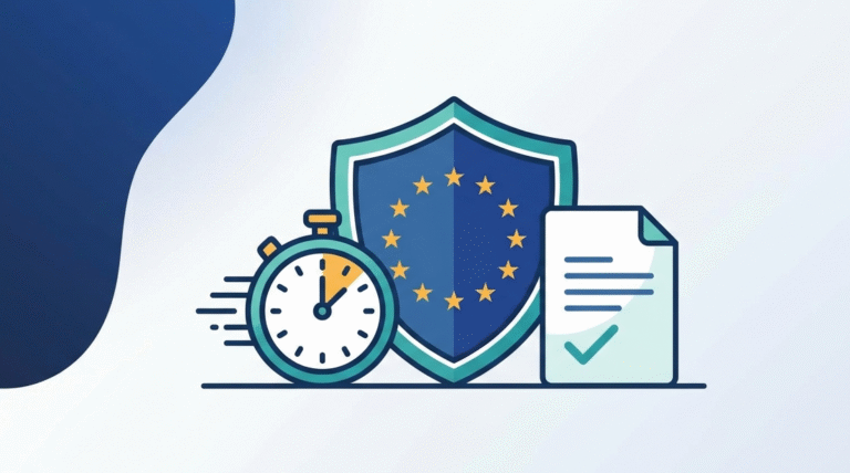 Minimalist icons of a clock, EU shield, and document for cyber resilience act incident reporting.