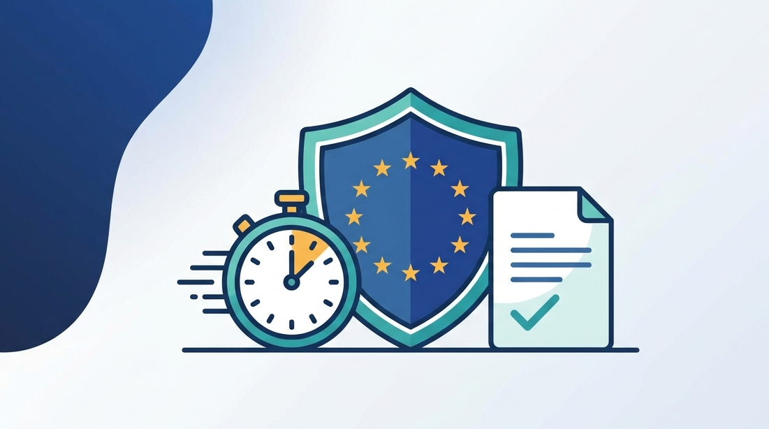 Minimalist icons of a clock, EU shield, and document for cyber resilience act incident reporting.