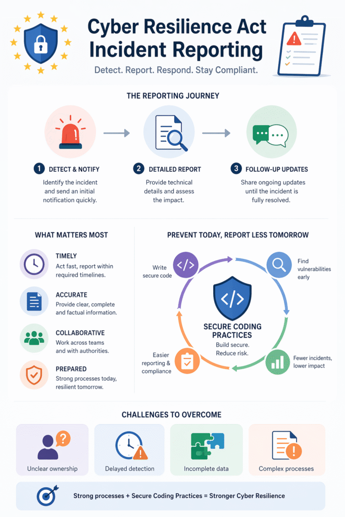 Comprehensive infographic detailing the cyber resilience act incident reporting journey and secure coding cycle.
