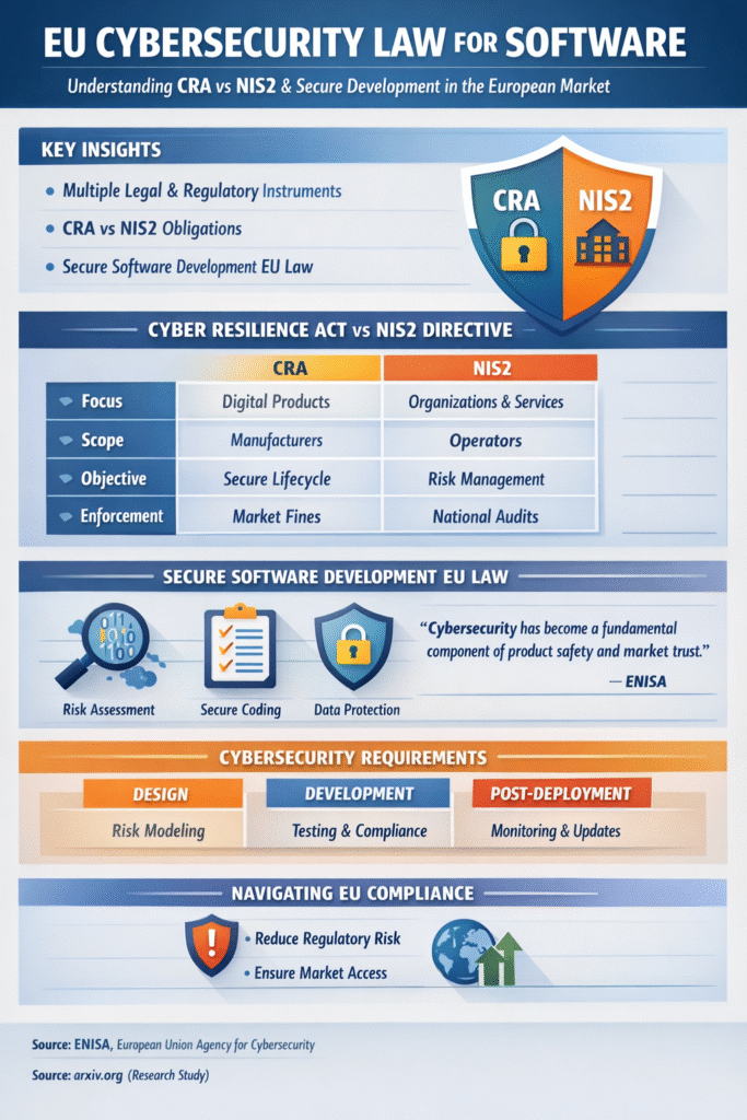 Infographic of CRA, NIS2, and GPSR under the EU Legal & Regulatory Context.