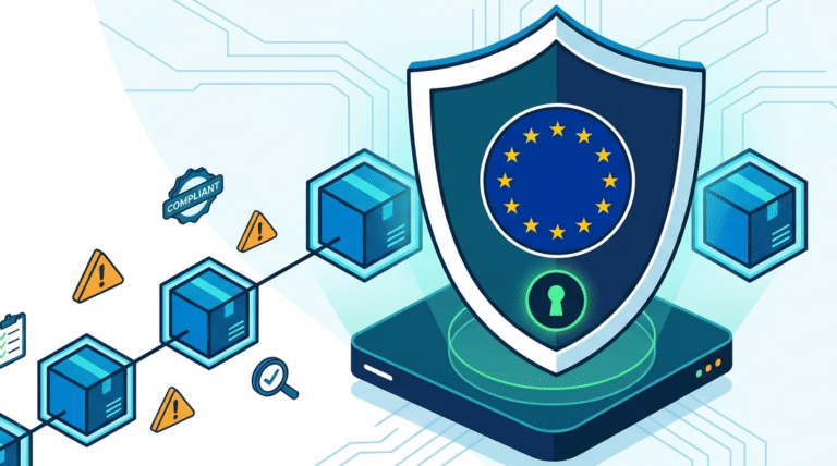 Digital EU shield protects a chain of hexagons and data pathways, demonstrating software supply chain security eu compliance.