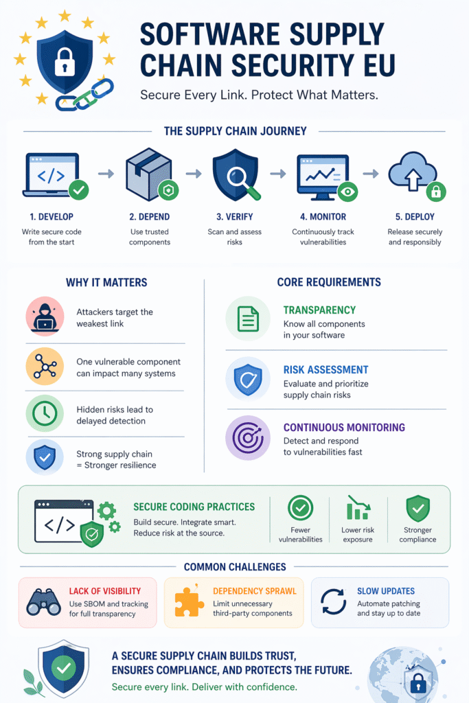 EU flag on shield protects a secure, connected digital software supply chain security eu.