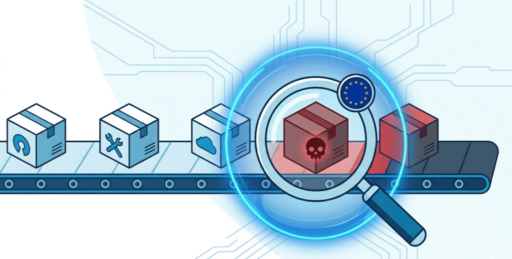 Magnifying glass with EU flag scans a package for threats, highlighting vulnerabilities and software supply chain security eu.