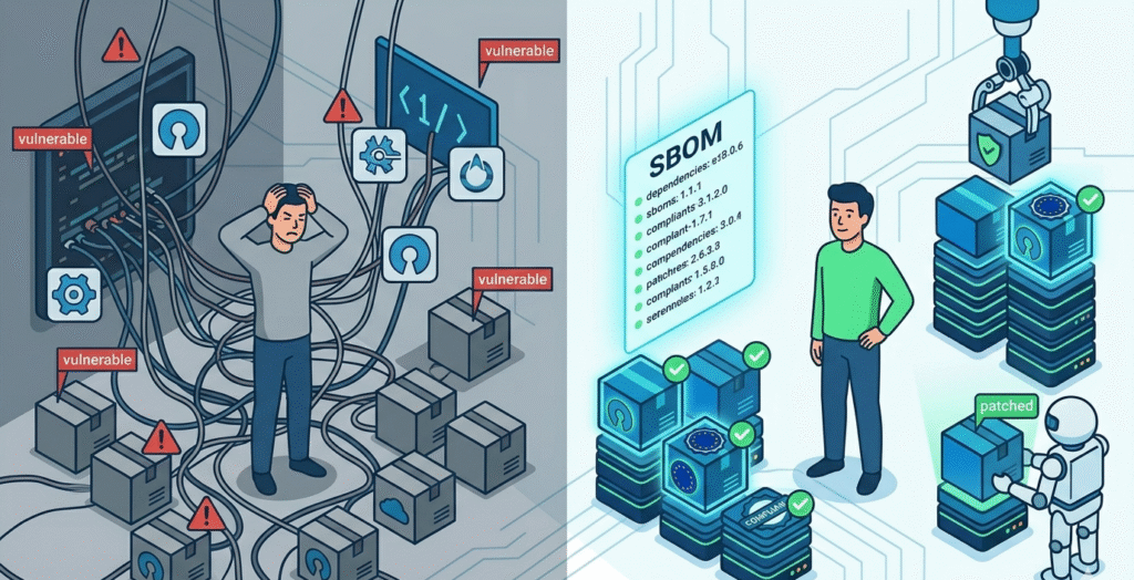 Frustrated developer faces a chaotic supply chain while an SBOM on the right shows compliance and software supply chain security eu.