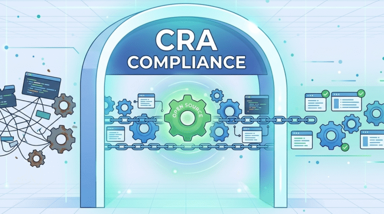Graphic showing a software chain passing through a CRA gateway for Open Source and Supply Chain compliance.